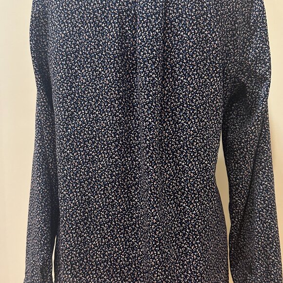 ANN TAYLOR Petite Med Navy Blue w/floral design V Neck Flowy Long Sleeve - Picture 5 of 13